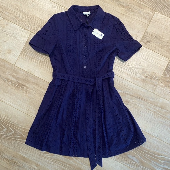 milly cleo shirt dress Milly Womens Short Sleeve Eyelet Cleo Shirt Dress Navy Blue Preppy Size 4